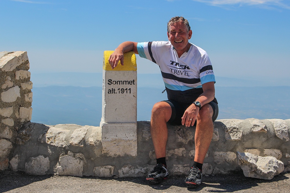 Trek Travel Guest Bob Joy on top of Mt Ventoux in Provence, France