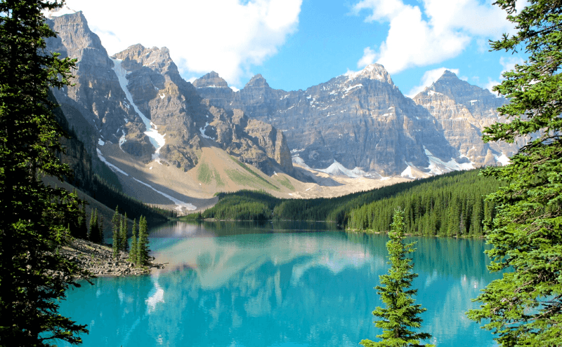 View of Seven Sisters mountains on Moraine Lake