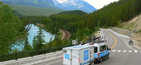 Trek Travel van and trailer in Bow Valley on Canadian Rockies bike tour