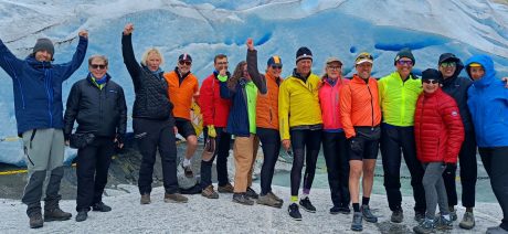Group in front of glacier on a Norway Fjordlands bike tour