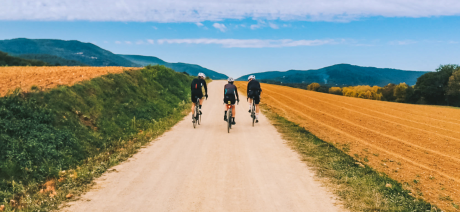 Three cyclists riding away from the camera on a gravel road