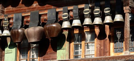 Swiss Alps cow bells decorating a house