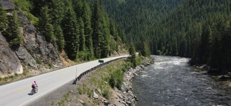 Lone cyclist riding alongside a river with evergreen forest.