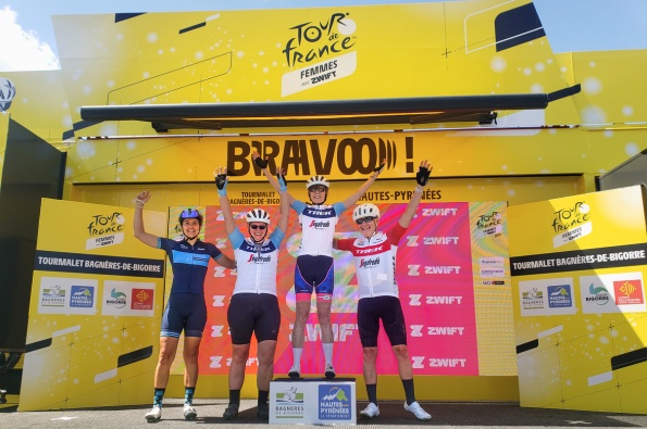 A group of Trek Travel guests standing on the podium at the Tour de France Femmes
